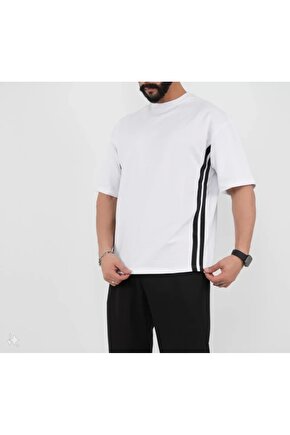Moda Shop & Butik Unisex Oversize Yanları Şeritli T-shirt - Beyaz