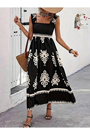 Kadın Askılı Kare Yaka Gipe Detaylı Desenli Suprem Elbise