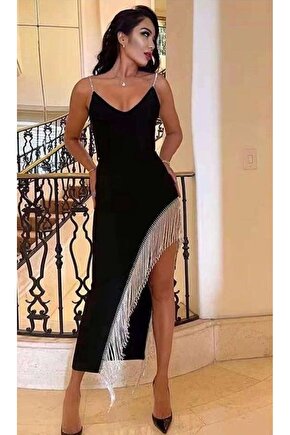 Kadın Dagıç Kumaş Saçaklı Taşlı Askılı Midi Boy Elbise