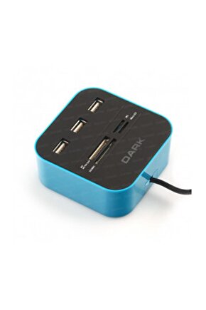 UCR202 USB MicroSD-SD-MMC-M2-MS PRO DUO Kart Okuyuculu USB Çoklayıcı (Mavi)