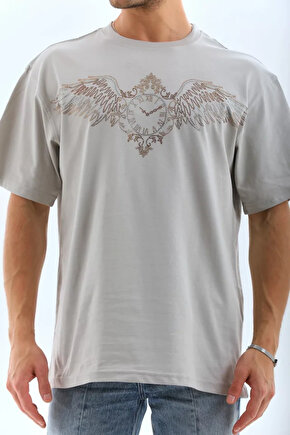 Gelirr Unisex Oversize Taşlı Bisiklet Yaka T-shirt - Gri