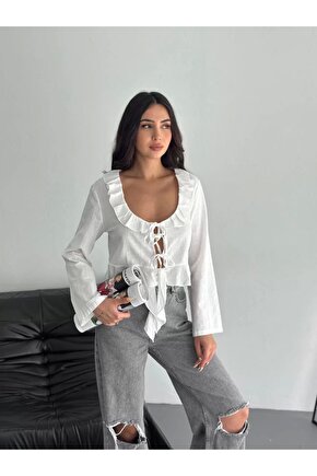 Shop & Butik Keten Uzun Kol Bağacık Detaylı Bluz - Beyaz