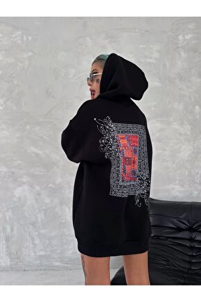 Uzun Kol Kapüşonlu Ön Ve Arka Baskılı SweatShirt - Siyah