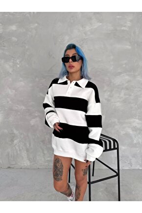 Unisex Üç İplik Parçalı Yakalı SweatShirt - Siyah