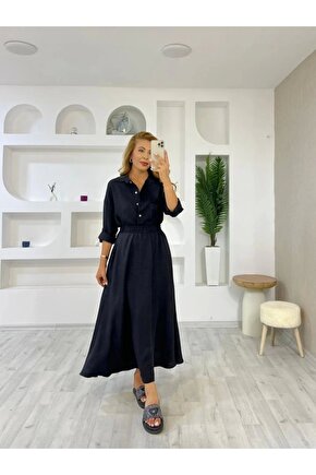 Kadın Siyah Keten Gömlek Etek İkili Takım