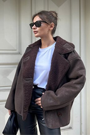 Else Acı Kahve Dokulu Süet Içi Peluşlu Oversize Zr Model Mont