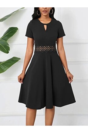 Kadın Kısa Kollu Yuvarlak Yaka Damla Detaylı Janjan Elbise