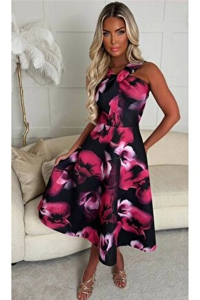 Kadın Halter Yaka Detay Ciçek Baskılı Midi Boy Elbise