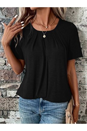 Moda Shop & Butik Kadın Kısa Kollu Yuvarlak Yaka Önden Pileli Salaş Viskon Bluz
