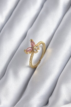 Gold Renk Pembe Zirkon Taşlı Kelebek Model Kadın Yüzük - Lisinya