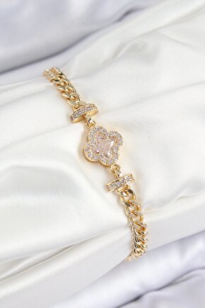 Pirinç Zirkon Taşlı Yonca Model Gold Renk Kadın Bileklik