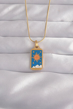 BFS 316L Çelik Gold Renk Mavi Mineli Güneş Model Tarot Kolye