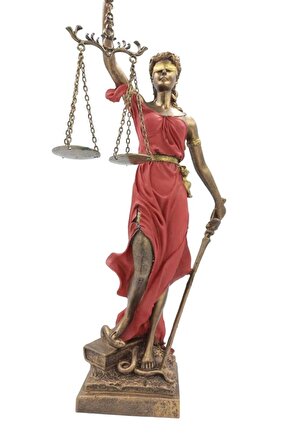 Adalet Tanrıçası Themis Heykeli 40 cm – Bronz ve Kırmızı Dekoratif Heykel – Hukuk Bürosu Hediyesi