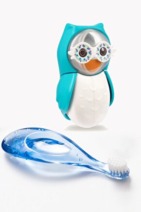 Baby 0-3 Yaş Diş Fırçası Ve Flipper Baykuş Hijyenik Saklama Kabı Seti - Mavi Baykuş Figürü
