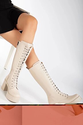 Kadın 7,5 cm Platform Topuklu Bağcıklı Çizme Bej