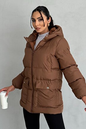 Kapüşonlu Oversize Kadın Şişme Mont - 4 Cep Detaylı, Kahverengi