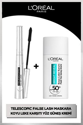 False Lash Telescopic Fiber Maskara & Bright Reveal Spf 50+ Koyu Leke Karşıtı Günlük Yüz Güneş Kremi
