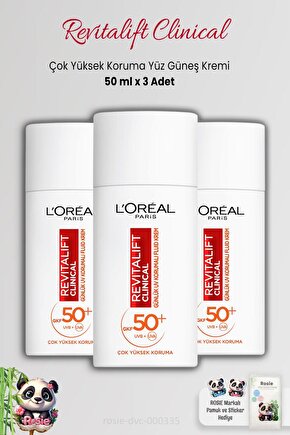 3 Adet Loreal Paris Revitalift Clinical SPF 50+ Yüz Güneş Kremi 50 ml ve ROSIE