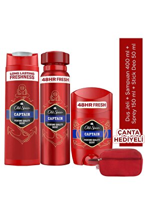 Captain Stick Deodorant 50 ml + Sprey Deo. 150 ml + Duş Jeli ve Şampuan 400 ml + Çanta