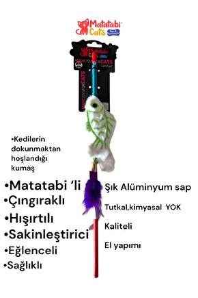 Matatabi Cats BALIK Alüminyum saplı kedi oltası(Matatabi,çıngırak ve özel hışırtı içerir.özel kumaş)