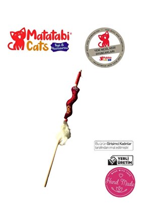 Wormy Ahşap Saplı Kedi Oltası Peluş Kedi Oyuncaklı - Matatabi Içerikli