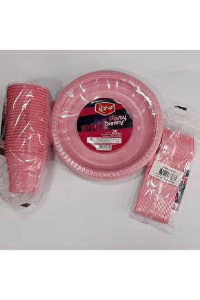 Plastik Tabak - Bardak - Çatal Set Pembe