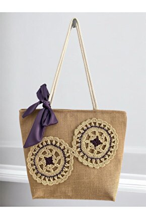 Askılı Motifli Jüt Plaj Çantası