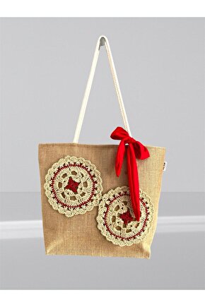Askılı Motifli Jüt Plaj Çantası