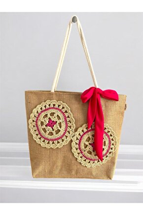 Askılı Motifli Jüt Plaj Çantası