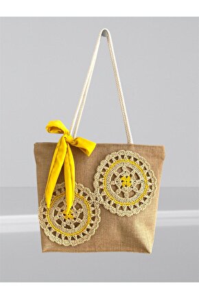 Askılı Motifli Jüt Plaj Çantası