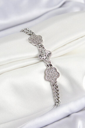 Pirinç Zirkon Taşlı Yonca Model Gümüş Renk Kadın Bileklik