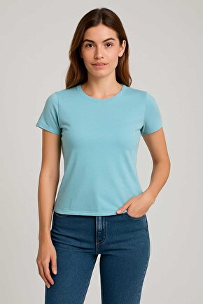 Kadın Bisiklet Yaka Likralı Kısa Kol T-Shirt Turuncu (portakal) Cam Göbeği (turkuaz)