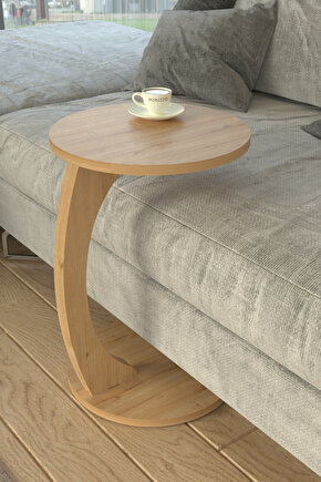 C Ayaklı Yan Sehpa Yuvarlak Koltuk Yanı Sehpası Laptop Kahve Kitap Sehpa Modeli Safir Meşe