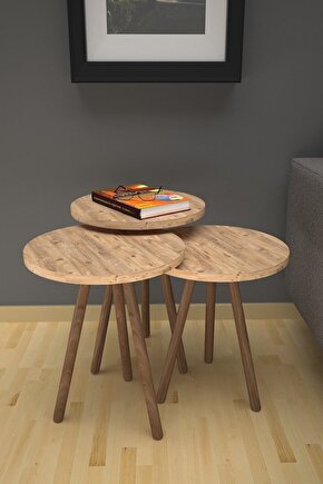 3’lü Yuvarlak Zigon Sehpa Takımı – Ahşap Ayaklı, Modern Tarz, Kahve Ve Sunum Sehpası