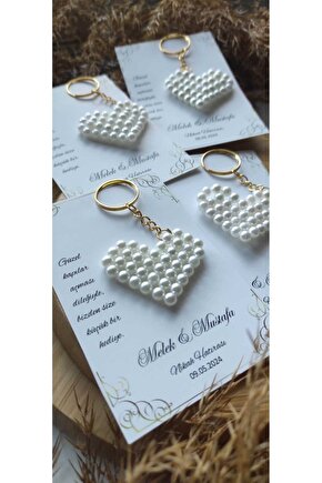 Birgülce Incili Kalp Hediyelik Anahtarlık 10 Adet Söz-nişan-nikah-mevlüt- Özel Tasarım Hatıra