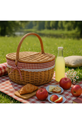 Doğal Hasır Piknik Sepeti – Kırmızı Kareli Kumaş Astarlı, El Yapımı, Kapaklı ve Taşıma Saplı