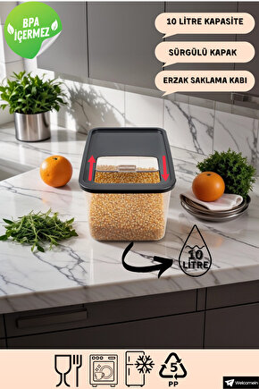 Mega Boy 10 Litre Sürgülü Kayar Kapaklı Erzak Saklama Kabı Seti Çok Amaçlı Buzdolabı Düzenleyici