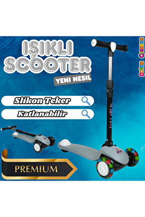 Lupa Katlanabilir Işıklı 3 Tekerlekli Gri Scooter - Işıklı Scooter - Slikon Teker Scooter - Çocuk Sc