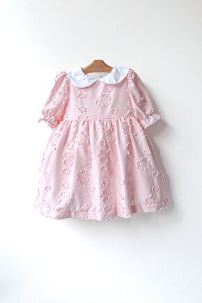 Kız Bebek Kız Çocuk Doğum Günü Parti Düğün Elbise Yarım Kol Astarlı Yakalı Çiçekli Elbise