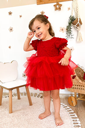 Kız Bebek Elbise Kız Çocuk Elbise Doğum Günü Parti Düğün Elbise Dantelli Kısa Kol Astarlı Elbise