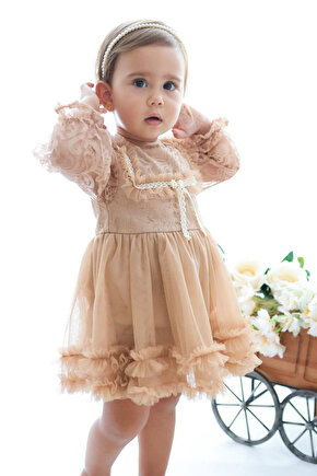 Kız Bebek Elbise Kız Çocuk Elbise Doğum Günü Parti Düğün Elbise Dantelli Uzun Kol Astarlı Elbise