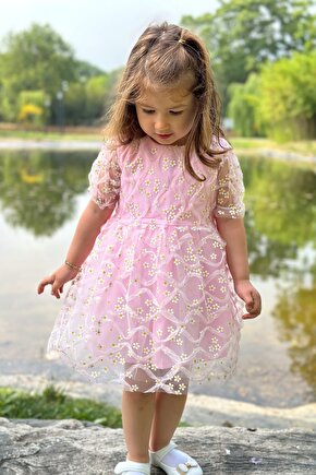 Kız Bebek Elbise Kız Çocuk Elbise Doğum Günü Parti Düğün Elbise Dantelli Kısa Kol Astarlı Elbise