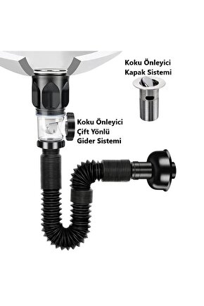 Koku Önleyici Yeni Nesil Körüklü Lavabo Sifonu Altı Hortumu Çift Yönlü Gider Borusu Evye Alt Takımı
