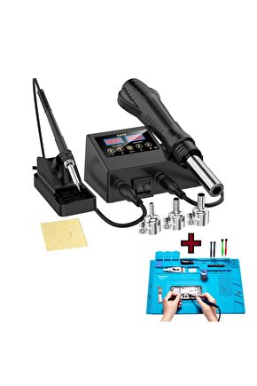 Sıcak Hava Üflemeli Havya İstasyonu Dijital Ekran Lehim Maknesi ve Hava Tabancası +Tamir Matı HEDİYE