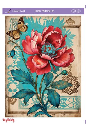 LNT-318 Kırmızı Çiçek, Kelebek 25 * 35 cm Sulu Transfer