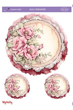 LNT-311 Pembe Çiçekler, Yuvarlak Desen 25 * 35 cm Sulu Transfer