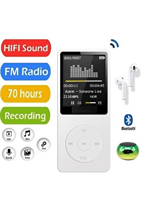 8GB HAFIZA KARTLI BLUETOOTHLU MP3 ÇALAR SES KAYIT FM RADİO DAHİLİ HOPARLÖR EKRANLI MÜZİK ÇALAR