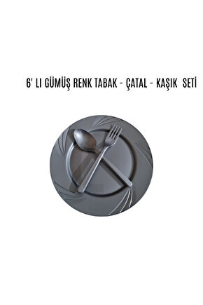 Plastik Sert Mika Tabak Çatal Kaşık Seti Gümüş Renk