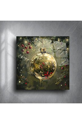 Yılbaşı Temalı Işıltılı Altın Cam Süslemeli Çam Dalı Desenli Dekoratif Cam Tablo