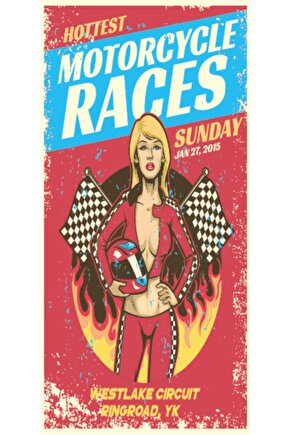 Kadın Motor Yarışçısı (10 Cm X 20 Cm) Mini Retro Ahşap Poster